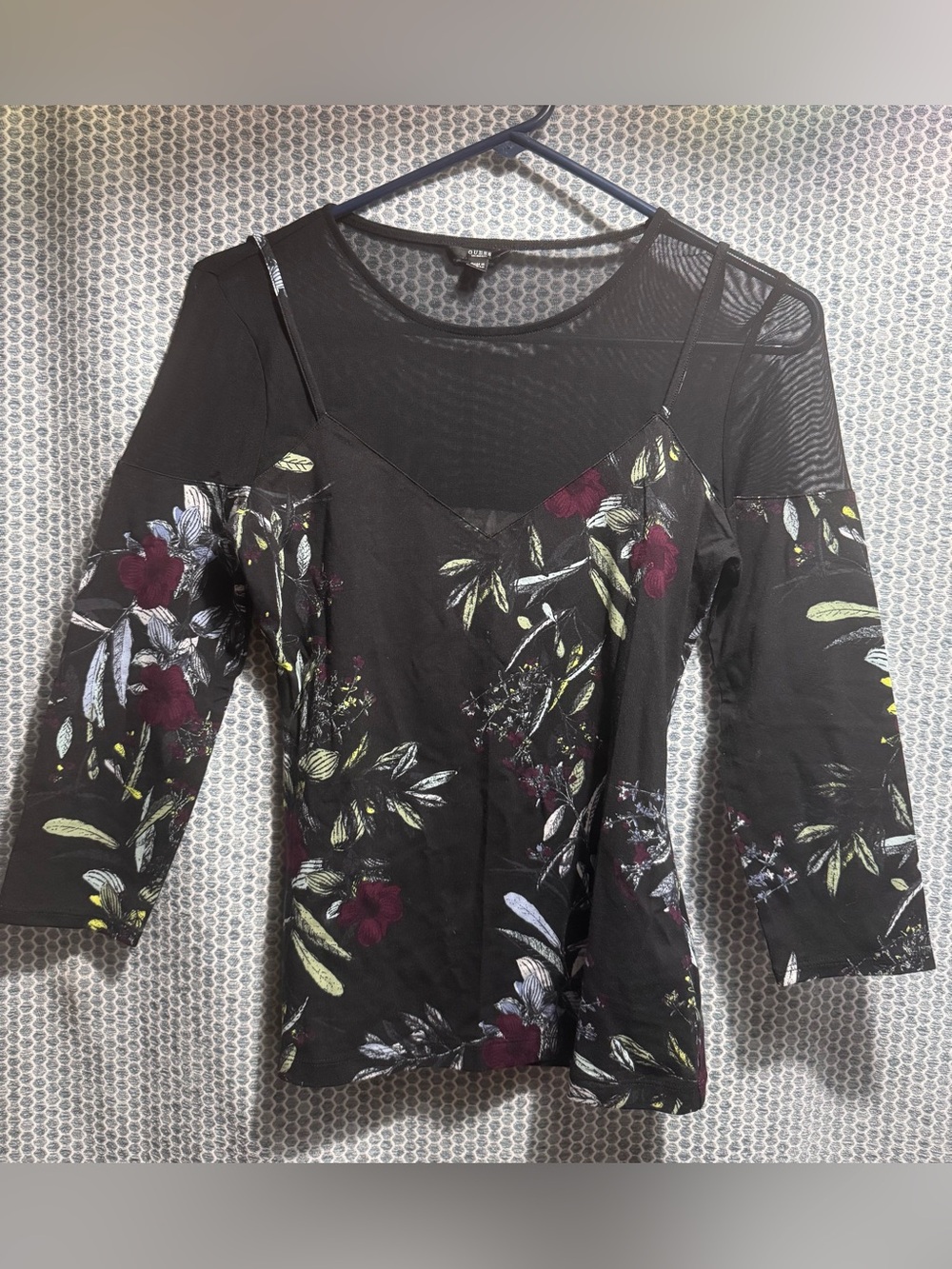 Guess Black Floral Cold-Shoulder Mesh Top